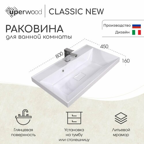 Раковина для ванной Uperwood Classic New 80х45х16,3 см, белая глянцевая, с накладкой для слива фото