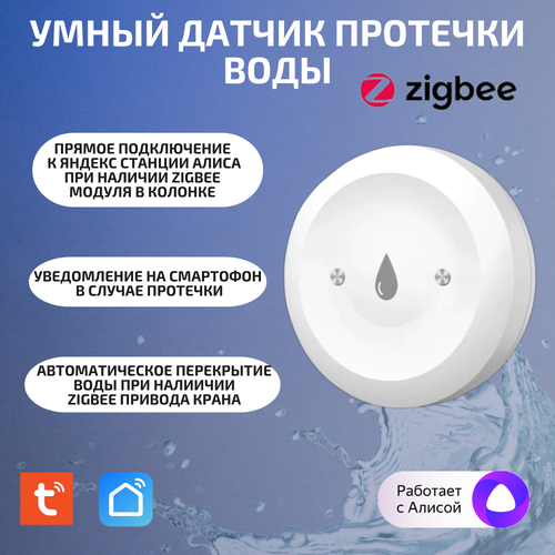 Умный датчик протечки Tuya ZigBee, накладной, с Алисой, белый фото