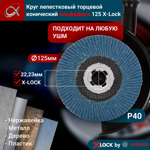 Круг лепестковый торцевой (КЛТ) АльфаДиск X-lock P40 125 мм (конический) 5252 фото