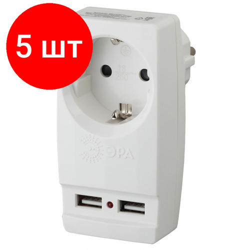 Комплект 5 штук, Тройник ЭРА 1 розетка, 2 USB, белый (SP-1e-USB-W) фото