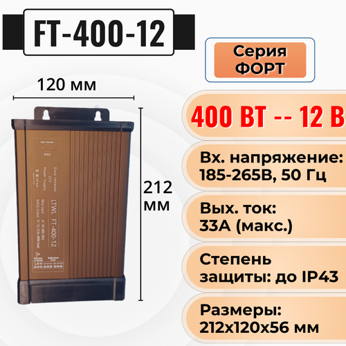 Блок питания 12V для светодиодных лент - Litewell FT-400-12, мощность 400Вт. Подходит для подключения камер видеонаблюдения 12В фото