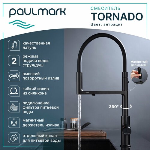 Смеситель для кухни с гибким изливом Paulmark-Starke TORNADO, подключение к фильтру питьевой воды, магнитная фиксация, режимы струя / душ, латунь / силикон, на мойку, антрацит, To213402-401 фото