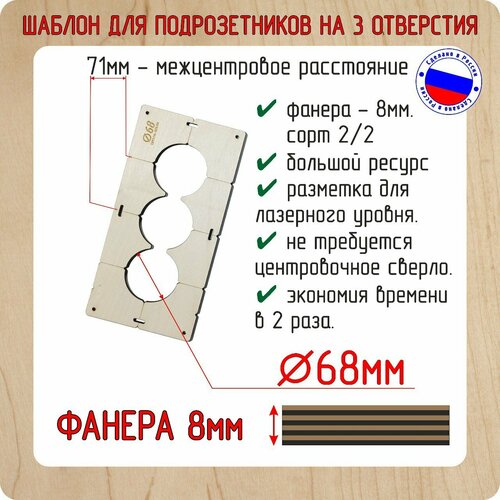 Шаблон для сверления подрозетников на 3 отверстия для коронки диаметром 68 мм, Толщина фанеры 8 мм фото