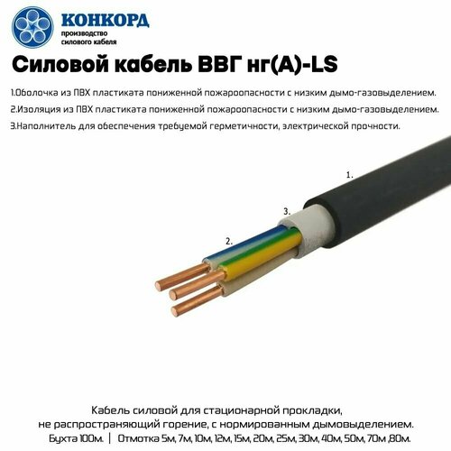 Силовой провод ВВГнг(А)-LS 3х2,5 кв. мм, круглый, ГОСТ (