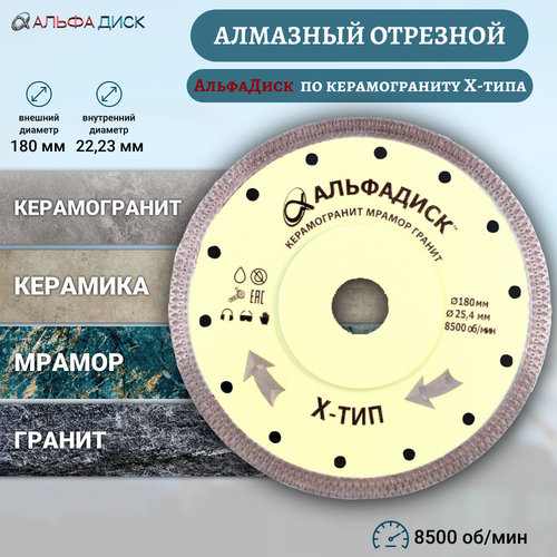 Алмазный отрезной Альфа Диск по керамограниту и граниту Х-типа 180 мм фото