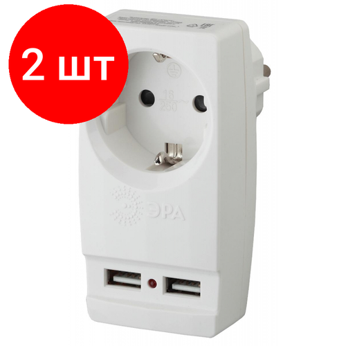 Комплект 2 штук, Тройник ЭРА 1 розетка, 2 USB, белый (SP-1e-USB-W) фото