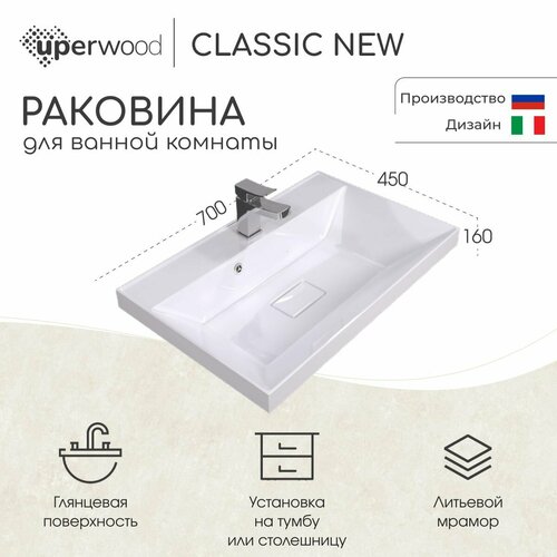 Раковина для ванной Uperwood Classic New 70х45х16,3 см, белая глянцевая, с накладкой для слива фото