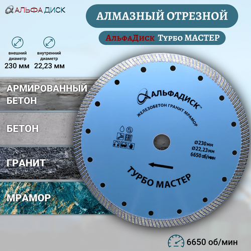 Алмазный отрезной Альфа Диск по граниту и бетону Турбо мастер 230 мм фото