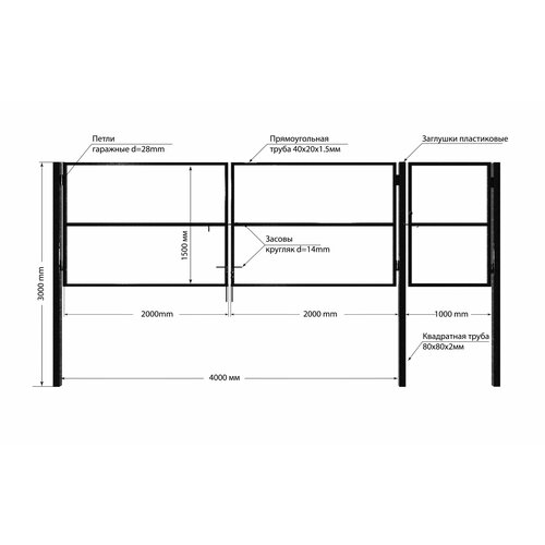 Входная группа (Ворота 4,0х1,5м распашные + калитка 1,0х1,5м), цвет черный (только каркас). фото