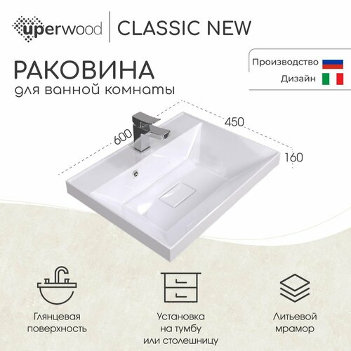 Раковина для ванной Uperwood Classic New 60х45х16,3 см, белая глянцевая, с накладкой для слива фото