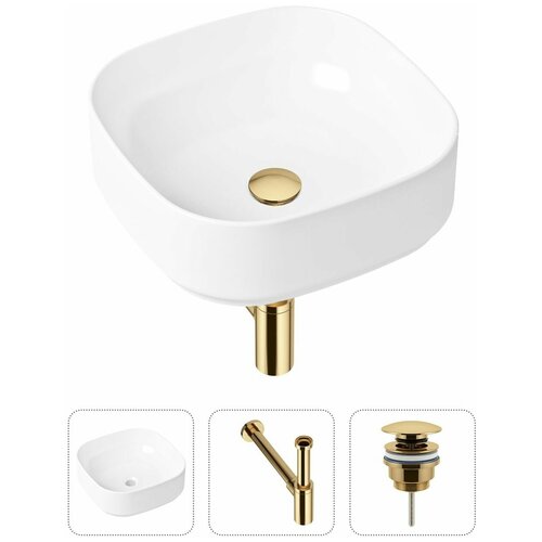 Накладная раковина в ванную Lavinia Boho Bathroom Sink Slim 21520226 в комплекте 3 в 1: умывальник белый, донный клапан и сифон в цвете золото фото