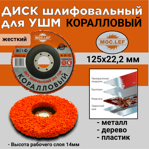 Диск шлифовальный для УШМ 125х22,2мм коралловый (оранжевый-жесткий) MOC.LEF ML-DK-125 фото