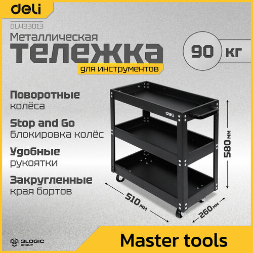 Тележка инструментальная трехсекционная на колесах Deli DL433013 510x260x580мм (до 90кг, толщина полки 0,6мм, толщина стойки 1мм) фото