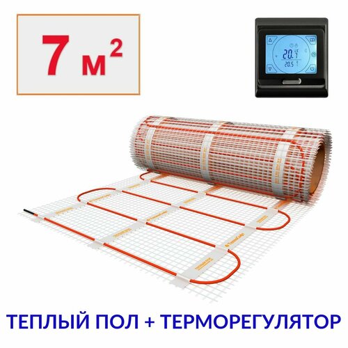 Теплый пол электрический под плитку 7 м2 с черным сенсорным терморегулятором. Нагревательный мат 7м. кв. фото
