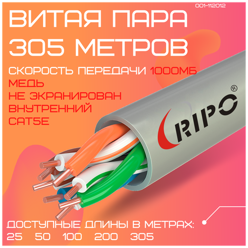 Кабель витая пара для локальной сети LAN UTP4 CAT5E 24AWG Cu RIPO 305 метров 001-112012 фото