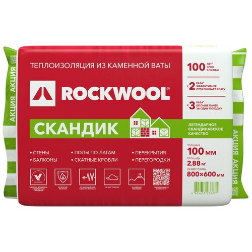 Каменная вата Rockwool Лайт Баттс Скандик 800x600х100мм 6 шт фото