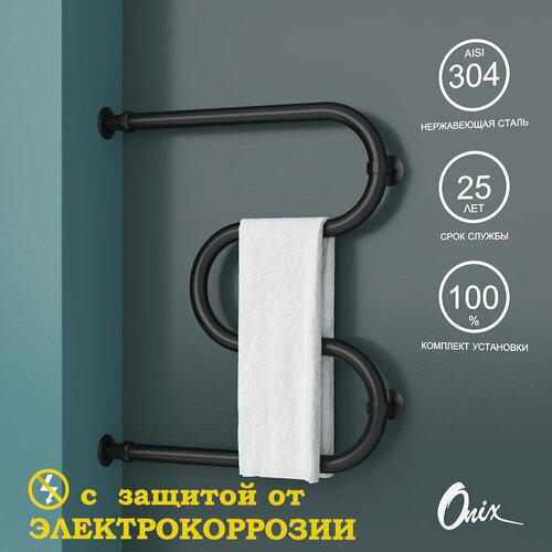 Полотенцесушитель Водяной Onix, модель Hit Direct Black Left 600x500, М-образный, Черный матовый, полный комплект, с защитой от электрокоррозии фото