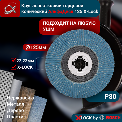 Круг лепестковый торцевой (КЛТ) АльфаДиск X-lock P80 125 мм (конический) 5276 фото