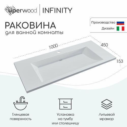 Раковина для ванной Uperwood Infinity 100х45х15,3 см, белая глянцевая фото