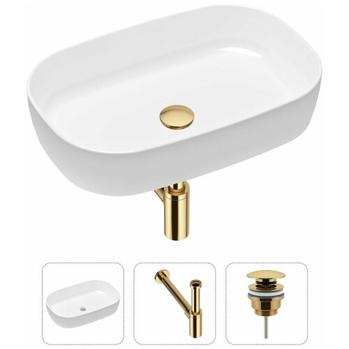 Накладная раковина в ванную Lavinia Boho Bathroom Sink Slim 21520064 в комплекте 3 в 1: умывальник белый, донный клапан и сифон в цвете золото фото