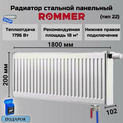 Радиатор стальной панельный 200х1800 нижнее подключение Venti 22/200/1800 Сантехническая нить 20 м фото