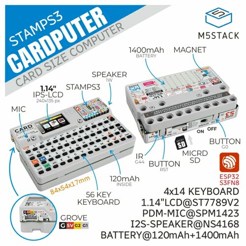 Карточный компьютер M5stack Cardputer StampS3 с микроконтроллером и 56-клавишной клавиатурой фото