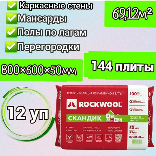 Утеплитель для стен, перегородок, потолка, теплоизоляция из каменной ваты Rockwool 50мм 69,12м2 фото