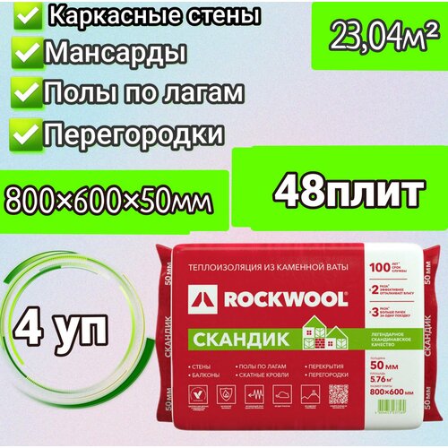 Утеплитель для стен, перегородок, потолка, теплоизоляция из каменной ваты Rockwool 50мм 23,04м2 фото