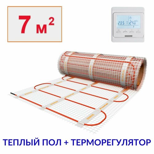 Теплый пол электрический под плитку 7 м2 с электронным терморегулятором. Нагревательный мат 7м. кв. фото