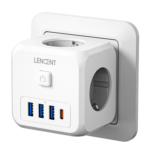 Разветвитель-тройник для сетевой розетки, 3 розетки с 3 USB и 1 Type-C. LENCENT. фото