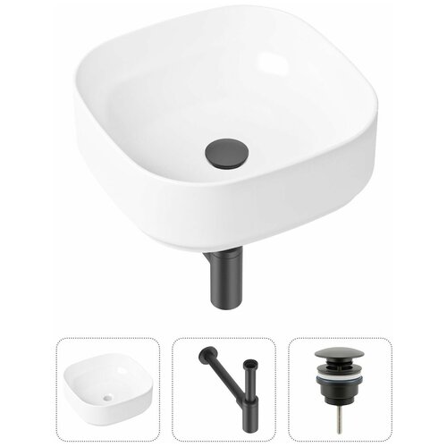 Накладная раковина в ванную Lavinia Boho Bathroom Sink Slim 21520224 в комплекте 3 в 1: умывальник белый, донный клапан и сифон в цвете матовый черный фото