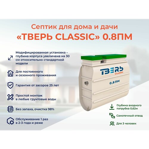 Септик тверь CLASSIC 0,8ПМ с увеличенным корпусом самотёчная станция биологической очистки автономная канализация на 5 человек фото