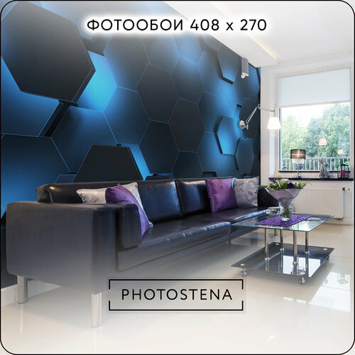 Фотообои 3D на стену флизелиновые встык PHOTOSTENA 3D неоновые соты темные 4,08 x 2,7 м 11,02 м2, обои для кухни моющиеся виниловые фреска в детскую фото