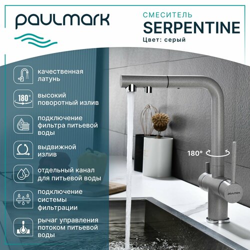 Кухонный смеситель с гибким выдвижным изливом Paulmark SERPENTINE, подключение к системе фильтрации воды по отдельному каналу, Г-образный, латунь, на мойку / столешницу, серый, Se213222-GR фото