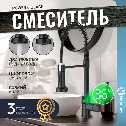 Смеситель для раковины на кухню Homium Power Black 6 с индикатором температуры фото