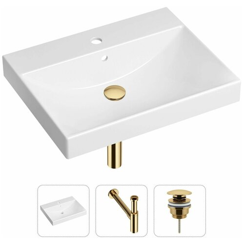 Врезная раковина в ванную Lavinia Boho Bathroom Sink 21520581 в комплекте 3 в 1: умывальник белый, донный клапан и сифон в цвете золото фото